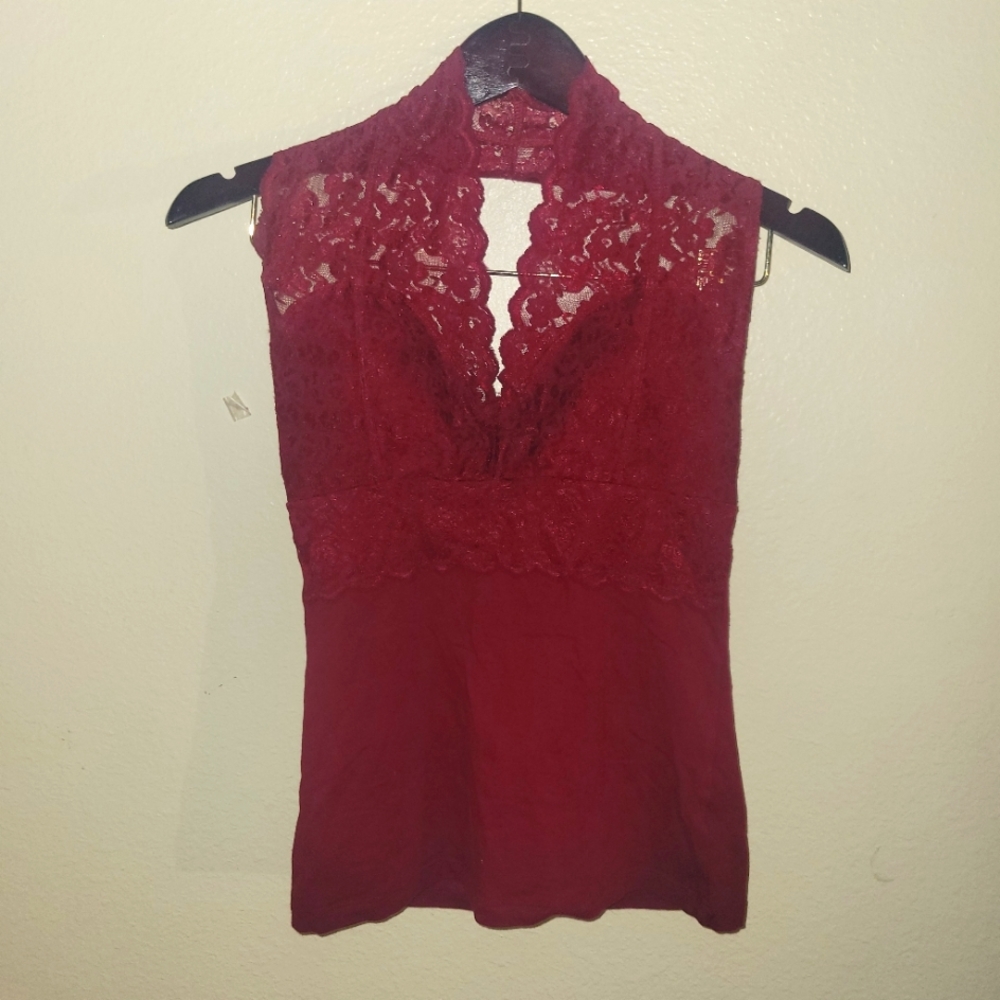 ZENANA WINE RED LACE HALTER LIGHTLY PADDED TOP size L